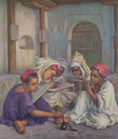 Lección de escritura en una escuela coránica en un pueblo argelino, 1918 de Alphonse Etienne Dinet